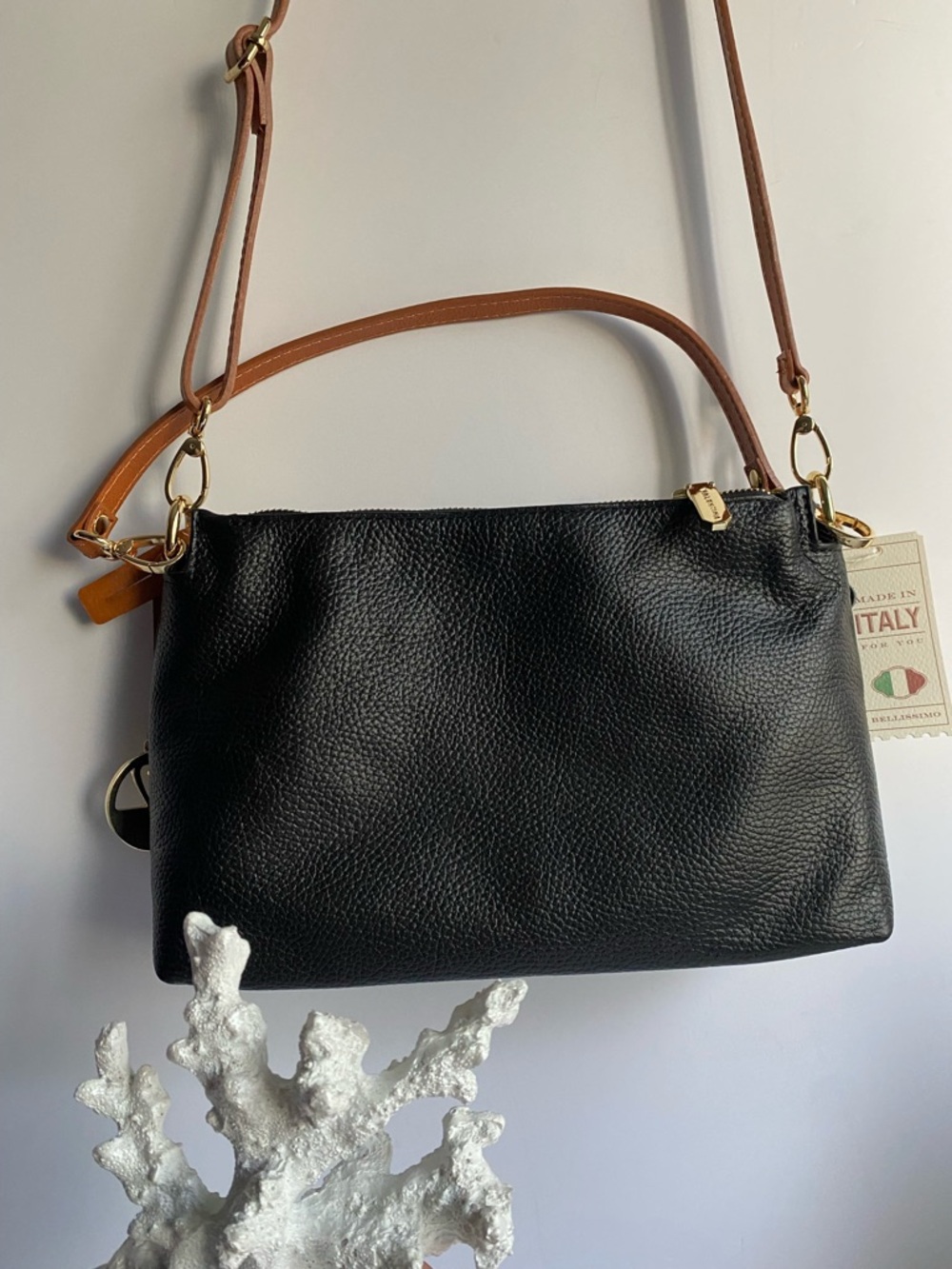 Valentina Italian Black Leather Italian Crossbody Bag with Tan Strap
